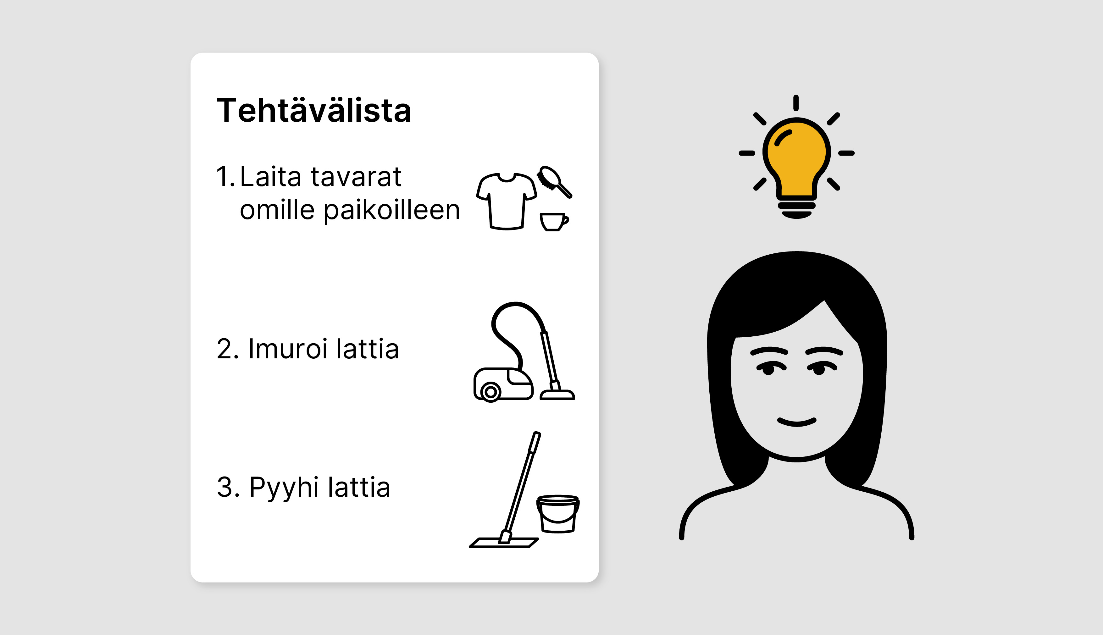 Tehtävälista, joka sisältää tekstiä ja kuvatuen. Vieressä henkilö, jonka pään päälle syttyy lamppu.